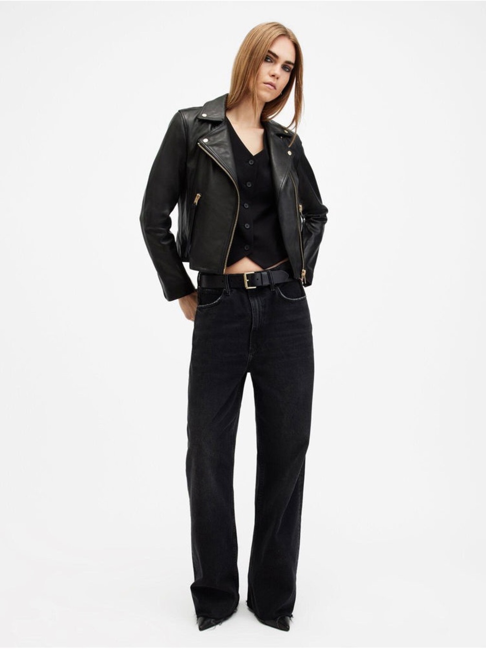 All Saints Black Leather Biker Jacket with Gold Hardware Accents - Picture 9 of 15